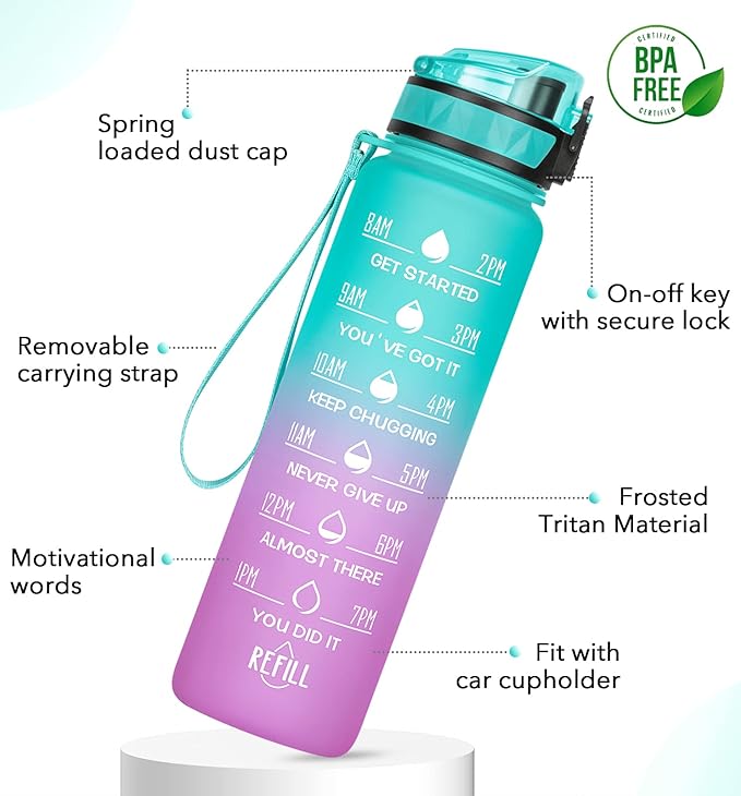 32oz/26oz Motivational Water Bottle with Time Marker & Fruit Strainer, Leak-proof BPA Free Non-Toxic 1l Bottle with Carrying Strap, Perfect for Fitness, Gym and Outdoor Sports, Plastic