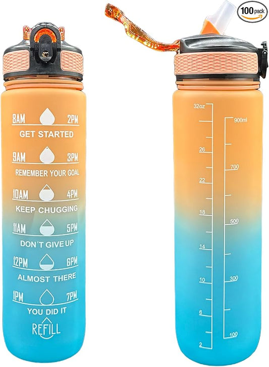 Yaa Fresh Water Bottles, 32oz Motivational Sports Water Bottle with Time Marker - Times to Drink - Tritan, BPA Free, Wide Mouth Leakproof, Fast Flow Technology with Clean Brush (1 Pack) (Blue-Orange)