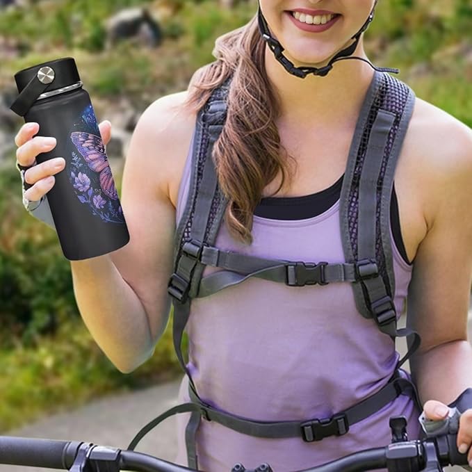 Butterfly Water Bottles Stainless Steel Wide Mouth Vacuum Insulated Thermos Leakproof Canteen Keep Cold,18 Oz