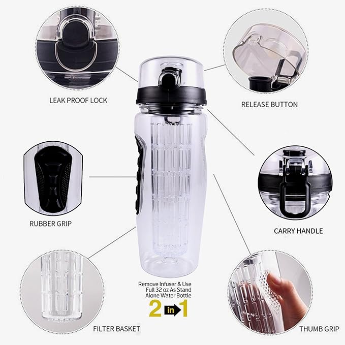 Fruit Infuser Water Bottle 32oz- Durable, Large - BPA Free Tritan, Flip Lid, Leak Proof Design - Sports, Camping