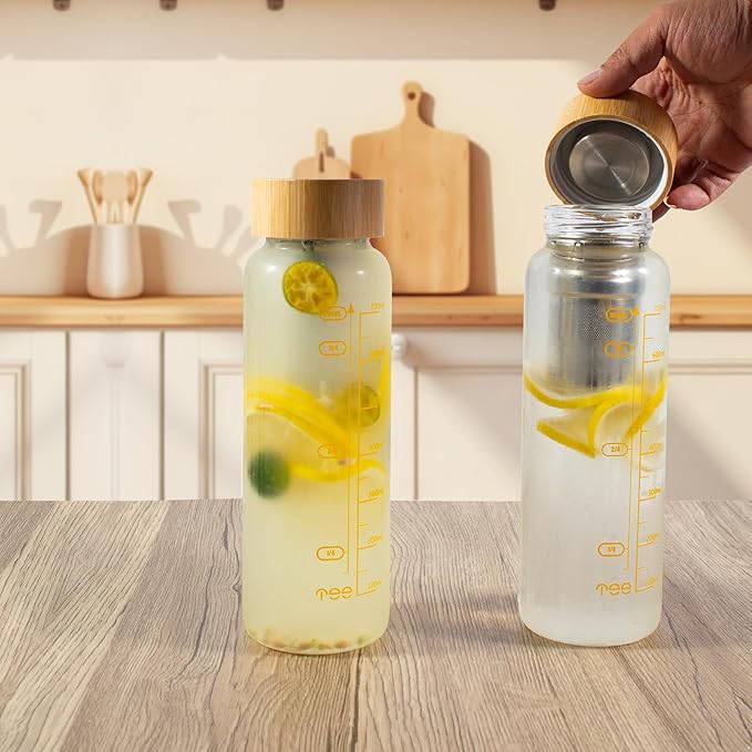 29oz Glass Water Bottle, Leak-Proof, with Stainless Steel Tea Infuser, BPA-Free, Suitable for Office, Car, Gym, and Travel, Reusable, for Hot and Cold Beverages (Circular-29oz)