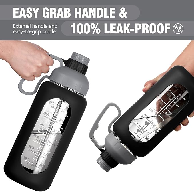MUKOKO 64oz Glass Water Bottles with Straw, Half Gallon Water Bottle with Time Marker, Motivational Water Bottle with Silicone Sleeves,Large Glass Water Bottle for Gym,Working,Outdoor,Black