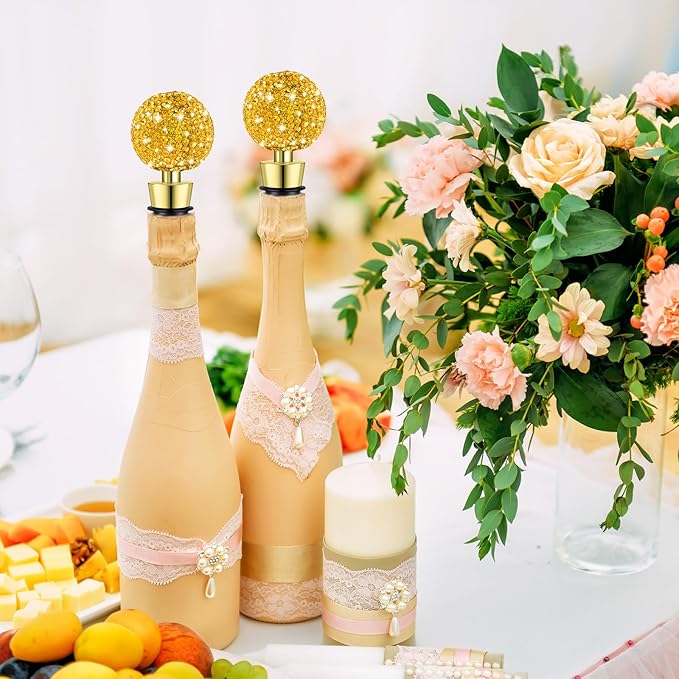 Crystal Wine Bottle Stopper Diamond Wine Stoppers Reusable Zinc Alloy Silicone Beverage Saver Corks Wine Decorative Bottle Stoppers with Sheer Bags for Wedding Bar Gifts(Gold,12 Set)