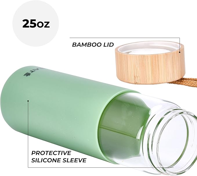 HYDRATE Glass Water Bottle, 25 oz - Gym Drinking Bottles with Slip Resistant Silicone Sleeve and Leak Proof Bamboo Lid - Clear Sports Bottle Made of Borosilicate Glass (10 x 3 inches, Olive Green)