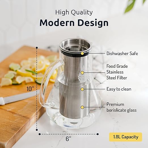 Invigorated Water pH Replenish Glass Alkaline Water Pitcher - Long Lasting Water Filter Pitcher for Pure Drinking Water - Water Jug for High pH Filtered Water - 1.8 L / 61 Oz