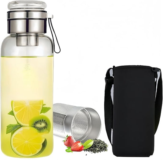 24OZ Borosilicate Glass Infuser Water Bottle,Glass Tea Tumbler with Strainer and Anti-slip Sleeve, Sport Water Bottles for Gym Hiking Camping