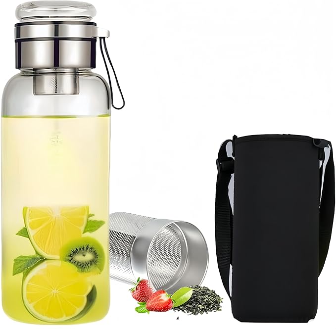 32OZ Borosilicate Glass Infuser Water Bottle,Glass Tea Tumbler with Strainer and Anti-slip Sleeve, Sport Water Bottles for Gym Hiking Camping