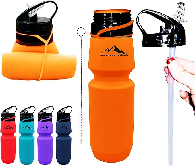 Collapsible Water Bottle (25Oz) - BPA Free Silicone Space Saving Collapse Water Bottle W/ Removable Straw | Temperature Resistant Collapsible Water Bottles For Travel And Rugged Outdoor Activities