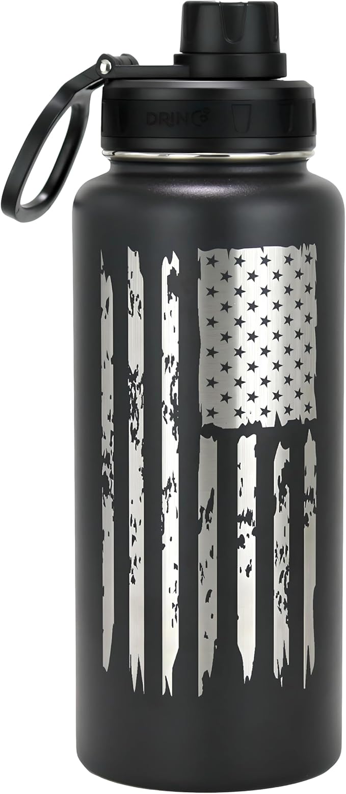 DRINCO Stainless Steel Water Bottle Spout Lid Vacuum Insulated Double Wall Water Bottle Wide Mouth Leak Proof Keep Cold Sport Camping (USA Flag) (32oz Black USA Flag, 32oz)