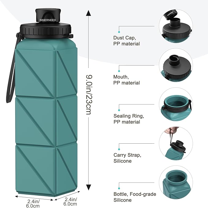 INNERNEED Collapsible Water Bottle, Reuseable BPA Free Silicone Foldable Water Bottles for Travel Gym Camping Hiking, 20.6 fl.oz, Portable, Food-Grade, Leak Proof (1 Pack, Dark Green)