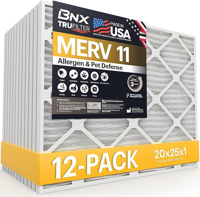 BNX TruFilter 20x25x1 Air Filter MERV 11 (12-Pack) - MADE IN USA - Allergen Defense Electrostatic Pleated Air Conditioner HVAC AC Furnace Filters for Allergies, Dust, Pet, Smoke, Allergy MPR 1200 FPR