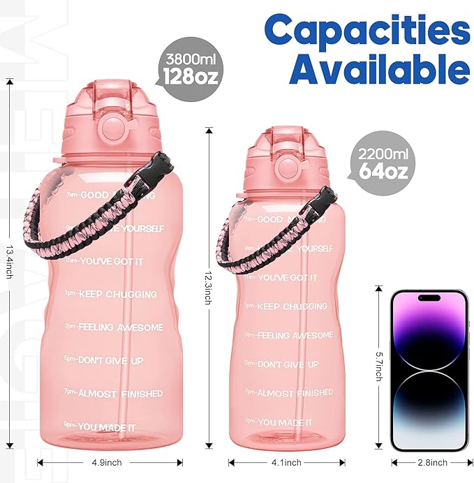 Water Bottles 1 / Half Gallon with Time Marker and Straw, Large Fitness Sports Motivational Bottle, Wide Mouth Leakproof and BPA Free for Travel, Gym,office,school