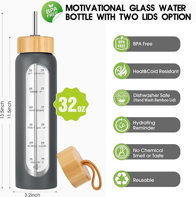 32 oz Glass Water Bottles with Straw - Motivational Glass Water Bottle with Time Marker & Silicone Sleeve - Reusable Glass Tumbler Includes 2 Bamboo Lids & Fruit Infuser - 1 Pack