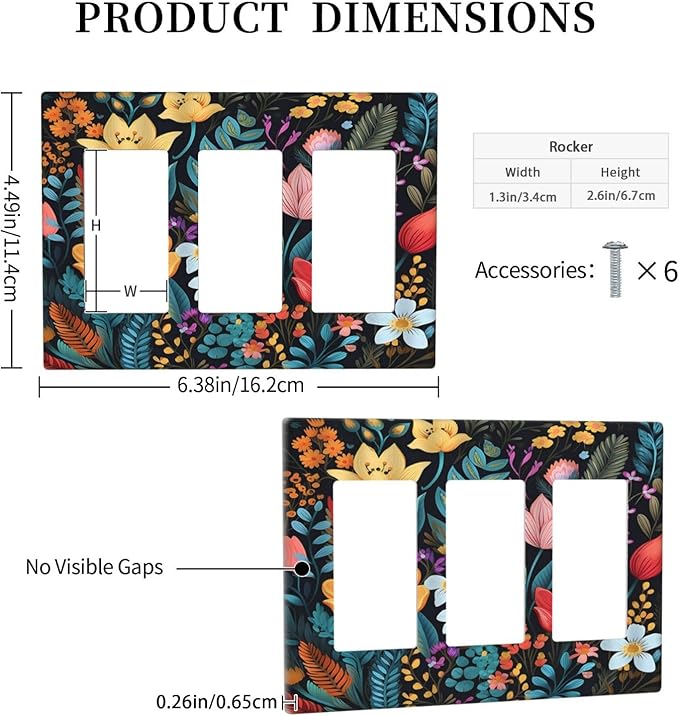 Boho Floral Vintage Flower Leaves Rustic Wildflower Plants 3 Gang Rocker Light Switch Covers Triple Outlet Wall Plate Decorative Switchplate Cover Faceplate GFCI for Country Bathroom Bedroom Kitchen