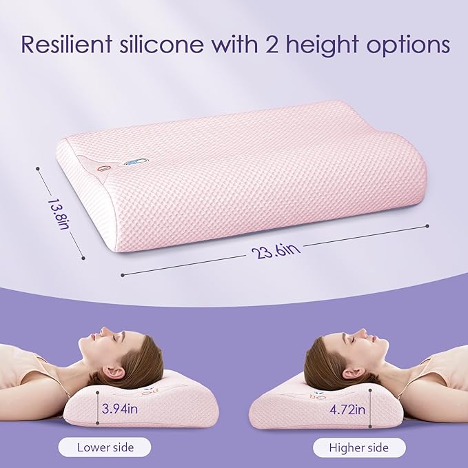 Silicone Cervical Pillow for Pain Relief, Shoulder & Neck Support Machine Washable Silicone Neck Pillow with Cool Silk Breathable Pillowcase, Ergonomic Pillow for Side, Back, Stomach Sleepers