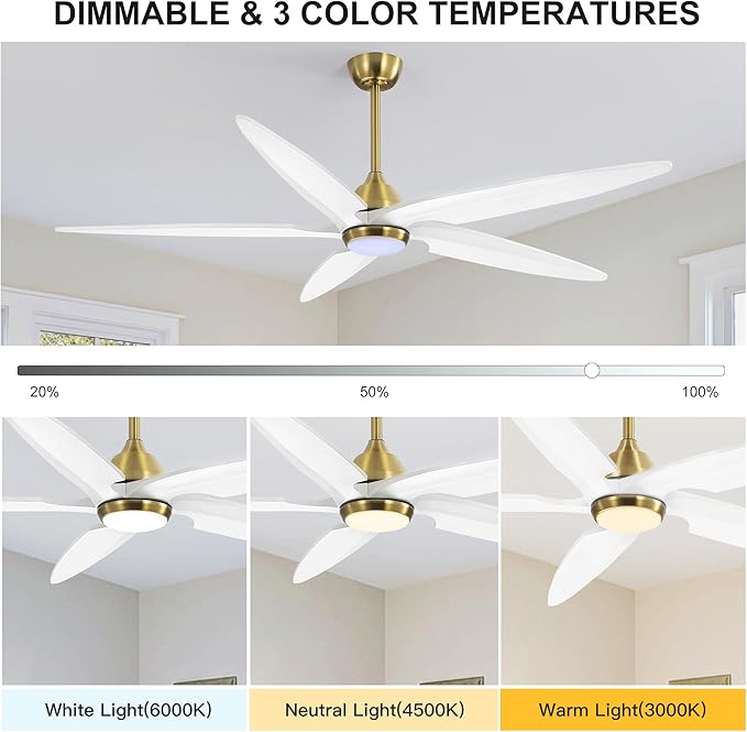 54 Inch Modern Ceiling Fan with Lights and Remote, 5 Wood Blades, 6-Speed Noiseless Reversible DC Motor with Replaceable Downrods for Bedroom Living Room Dining Room, White and Gold.