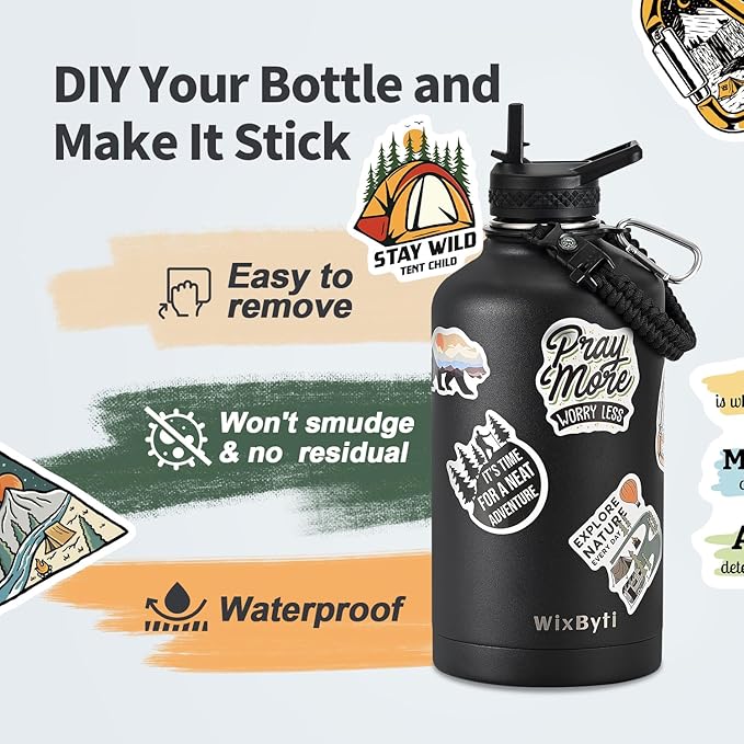 One Gallon Water Bottle Insulated, Triple Wall Vacuum Cold for 48 Hrs & Leak-proof & Non-BPA, 128oz Large Sports Stainless Steel Water Jug with Paracord Handle Straw Spout Lids & DIY Stickers