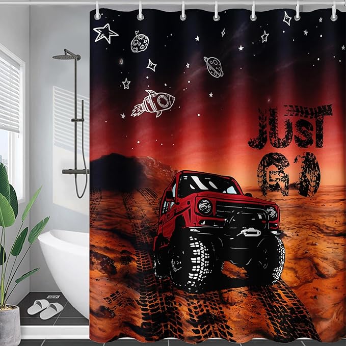 AILONEN Red Truck Shower Curtains,Galaxy Monster Truck Bath Curtains,Monster Jam Polyester Waterproof for Bathroom,72" W*96" H with 12 Plastic Hooks,Red