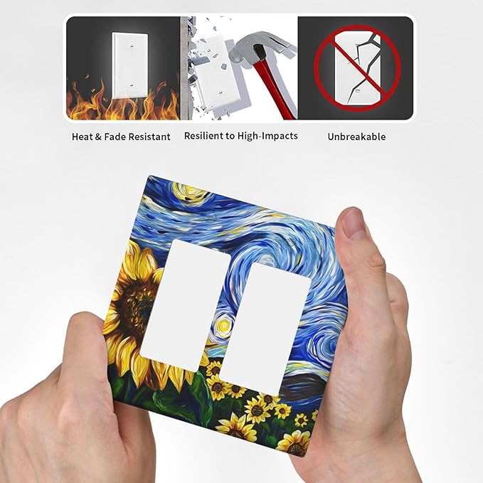 Vintage Abstract Blue Starry Sunflower 2 Gang Rocker Decora Light Switch Covers Dual Outlet Covers Wall Plate Decorative Switchplate Electrical Faceplate GFCI for Farmhouse Country Bedroom Decor