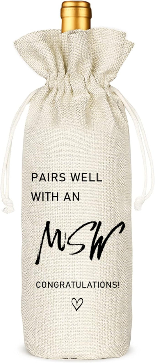 MSW Degree Gift Wine Bag, Master of Social Work Graduation Gift for Her Gift for Him, Wine Bag for Master's Degree - Reusable Drawstring Wine Bag
