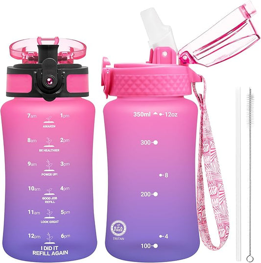 OLDLEY Kids Water Bottle for School, 12 oz (2 lids) BPA-Free Reusable Leak-proof Durable Tritan Plastic Water Bottles with Straw & Chug Lids, Anti-dust Spout Cover (Sunset Glow)