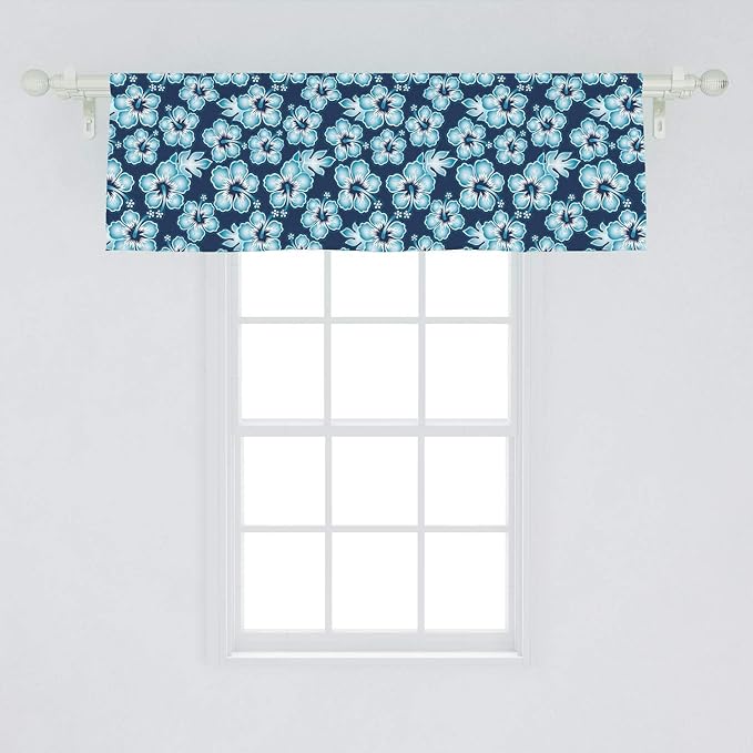 Ambesonne Aloha Window Valance, Hibiscus Hawaiian Tropical Island Flowers Petals and Buds Leaves Art Print, Curtain Valance for Kitchen Bedroom Decor with Rod Pocket, 54" X 18", Dark Blue Sky Blue