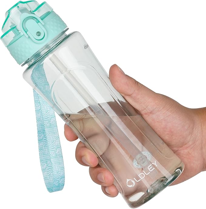 OLDLEY Kids Water Bottle with Straw 15 oz BPA-Free Leak-Proof Motivational Water Bottles with Time Marker for School Sports Travel Gym, Easy to Use for Girls Goys, 1 Straw Lid, Transparent-green