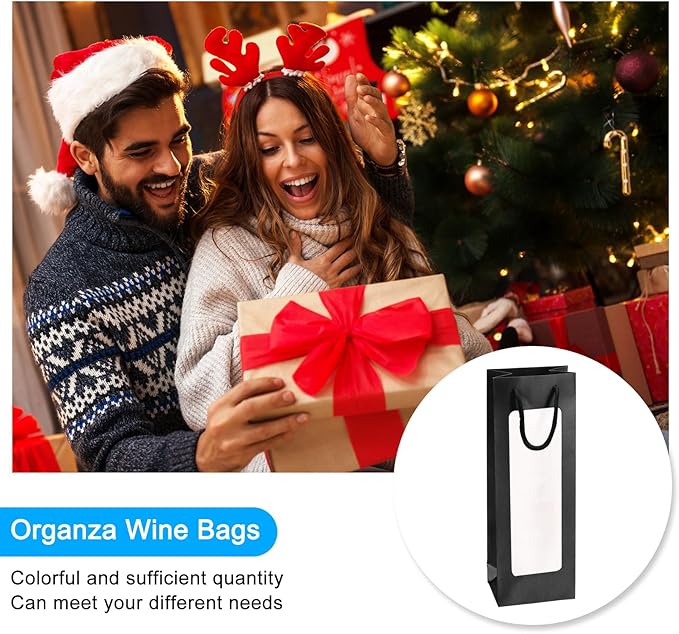 uxcell Wine Bags, 20pcs 4.92"x3.35"x14.2" Wine Gift Bags with Rope Handles, Paper Wine Tote Bag with Clear Window for Wedding Birthday Christmas Party Supplies, Black