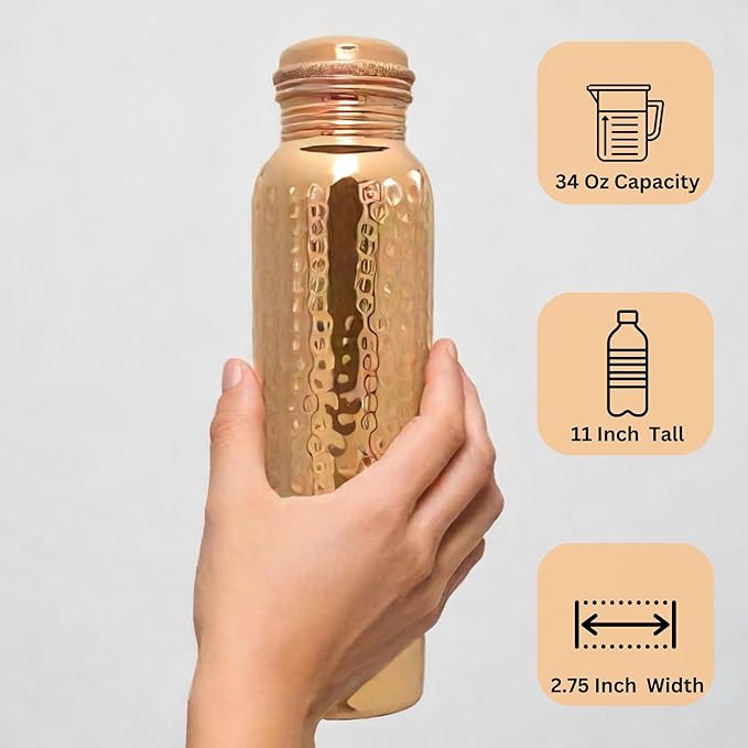 Copper Water Bottle Hammered Ayurvedic Pure Copper Drinking Vessel Drink Water Reduce Sugar, and Reap the Health Benefits Instantly 34 Oz Extra Large