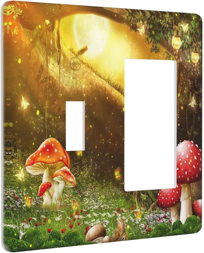 Red Mushroom Forest Fairy Moon Butterfly 2 Gang Single Toggle Rocker Combination Bohemian Light Switch Covers Decorative Wall Plate Cover Electrical Faceplate Switchplate for Kidroom