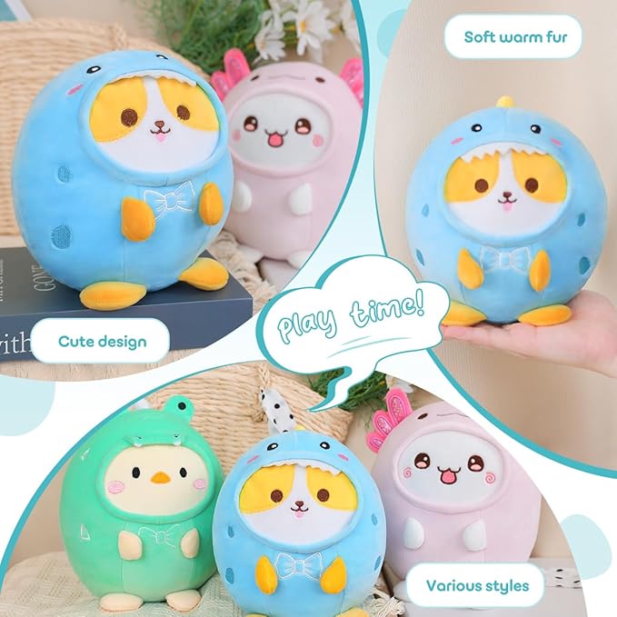 Cute Plush Corgi Dinosaur Stuffed Animal Pillow, 8" Soft Kawaii Shiba Inu Corgi Plushie with Dinosaur Outfit Gift for Kids