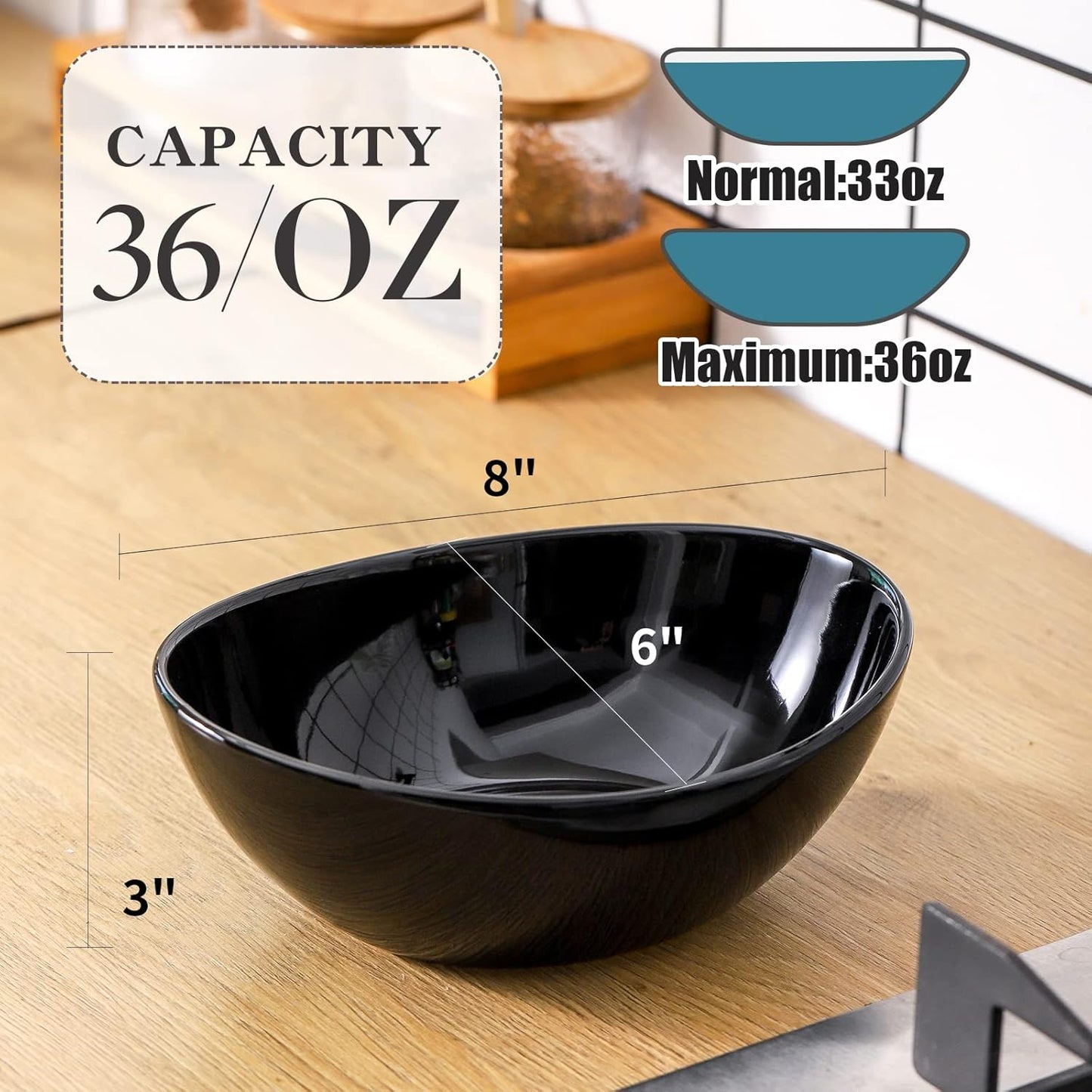 Hasense Serving Bowls, Porcelain Soup Bowls Set of 4, 36 OZ Black Serving Dishes for Entertaining, Perfect for Salad Side Dishes Pasta Popcorn, Dishwasher Microwave Safe