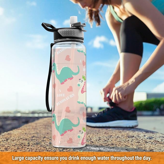 Water Bottle with Straw Kawaii Dinosaur Pink Sports Bottles BPA-Free Tritan Water Jug with Carrying Strap for Women Men Gym Outdoor Sports