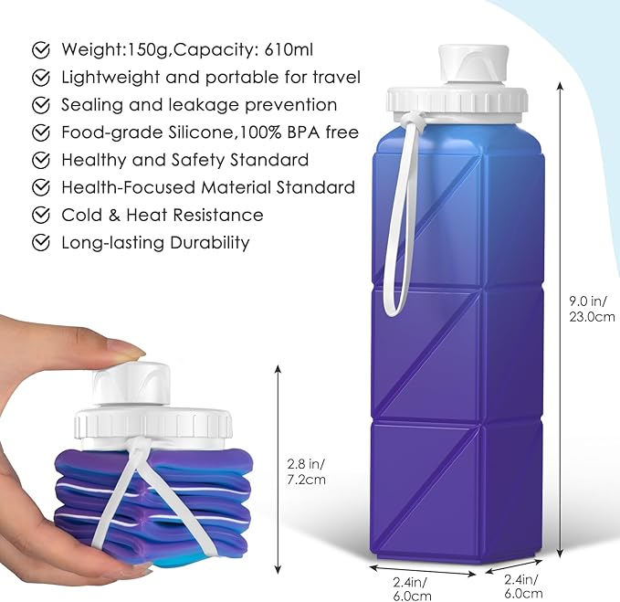 Collapsible Water Bottles,BPA-Free Leak-Proof Silicone Foldable Water Bottle Cup 20.6oz,Durable Lightweight Bottle for Gym Travel Camping Hiking Running (UV Discoloration)
