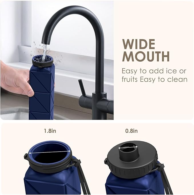 INNERNEED Collapsible Water Bottle, Reuseable BPA Free Silicone Foldable Water Bottles for Travel Gym Camping Hiking, 20.6 fl.oz, Portable, Food-Grade, Leak Proof (1 Pack, Dark Blue)