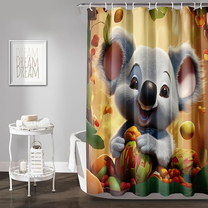 AILONEN Cartoon Koala Shower Curtain for Kids,Kawaii Fruit Koala Shower Curtain for Bathroom,Girls,Lovely Animals Shower Curtain Set with Hooks,60" W*72" H