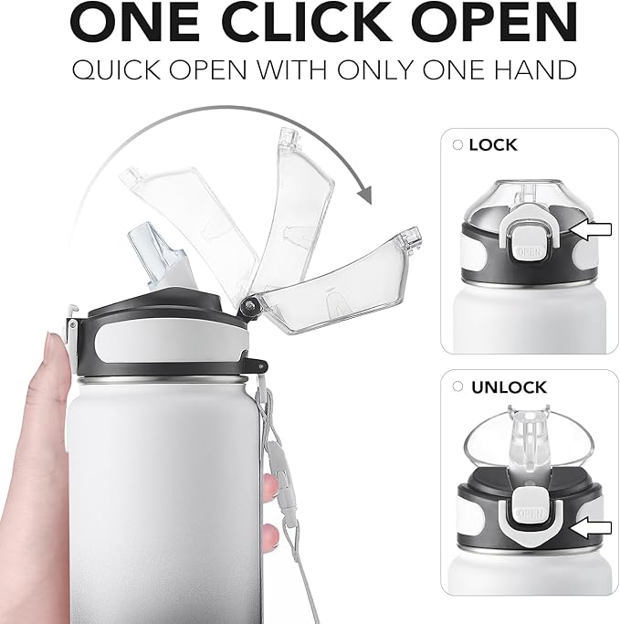 Enerbone Insulated Water Bottle, 32 oz Stainless Steel Water Bottles with Carrying Strap, Double-Wall Vacuum Insulation Thermos, Leakproof Sports Bottle with Straw, Keep Drinks Hot or Cold for Hours