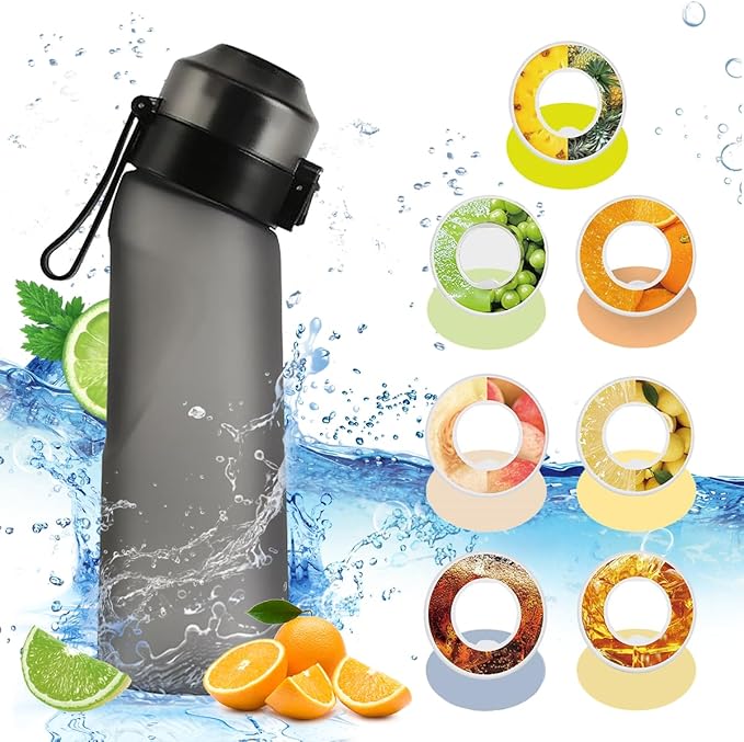 Water Bottle with Flavor Pods 21.9 Oz/650ml Fruit Fragrance Water Bottle Recyclable Sports Air Water Cup Scented Pods for Outdoor (Black 650ML)