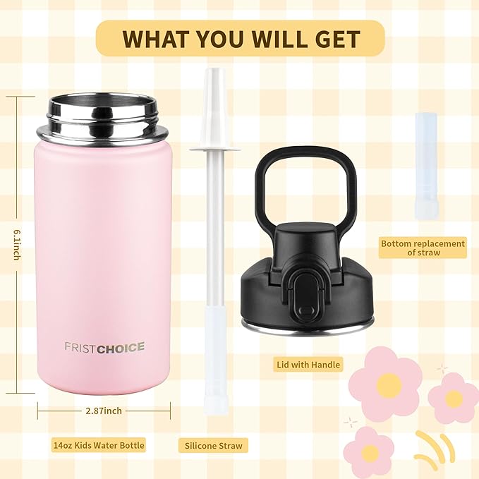 Kids Insulated Water Bottle with Straw,14oz Stainless Steel Water Bottle,BPA-free and Leak-proof,Double Wall Vacuum Water Flask for School,Gifts for Boys and Girls（14oz,Pink）