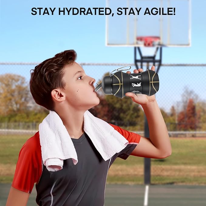 Kids Sports Collapsible Water Bottle | Ball Shaped Drinking Cup | Foldable BPA Free Leakproof Lightweight Silicon Jug | School Lunch Mug Team Gift Travel (Basketball Black 550ml/18.6oz)