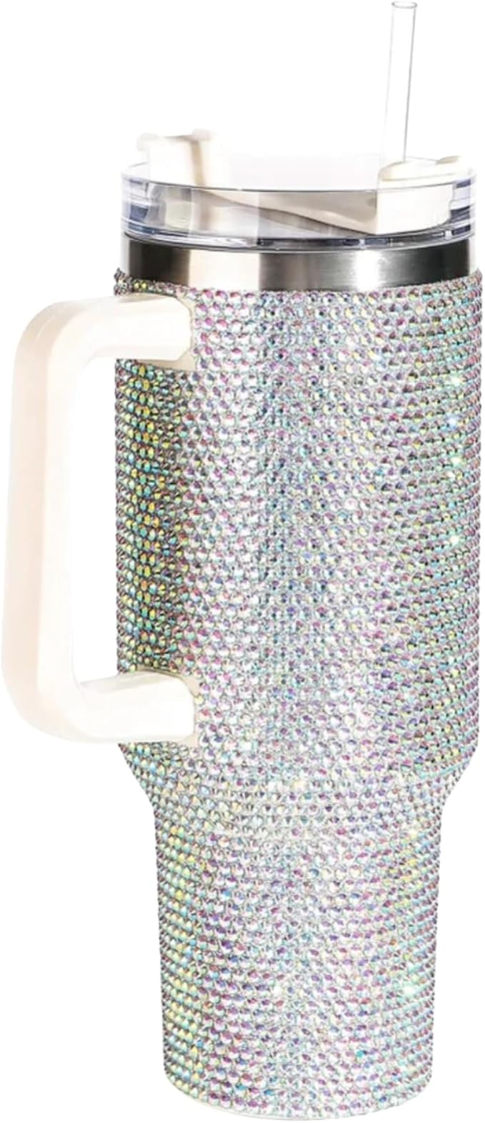 Lashicorn Silver Rhinestone 40 oz. Tumbler with Handle and Straw Lid Bling Tall Jewel Cup Gift White Insulated