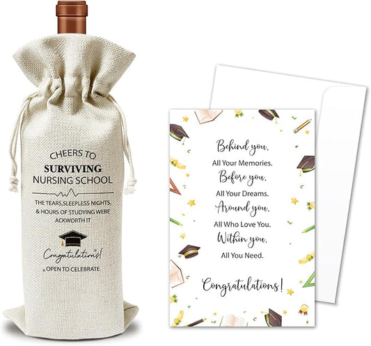 Nurse Graduation Gift Wine Gift Bags & Card Nursing Appreciation Graduation Gifts for RN Nurse Nursing Student School, 1 pcs Reusable Burlap Wine Gift Bags for Wine Bottles, Graduation Party Favor -29
