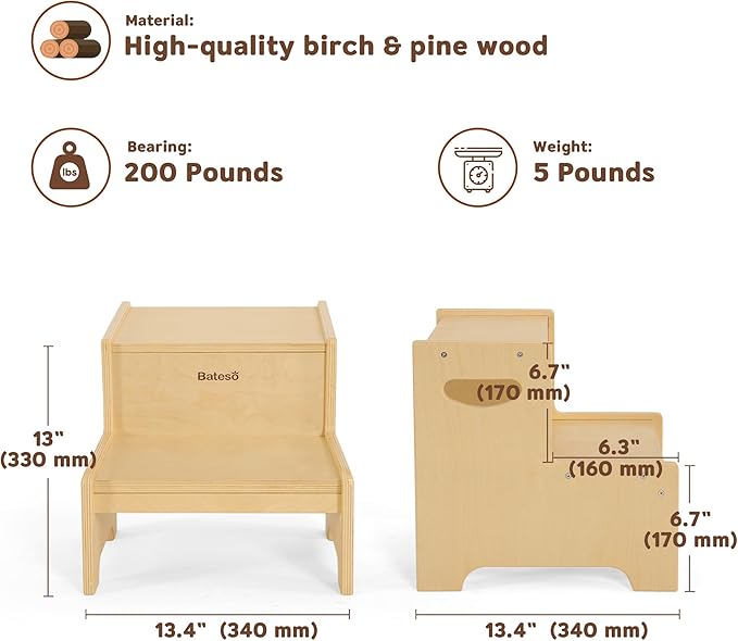 Step Stool for Kids, Wooden Toddler Step Stool for Bathroom Sink with Safety Anti-Slip Mat and Strip, Assembly Easily, Sturdy Kid Step Stool for Brushing Teeth, Kitchen, Toilet Potty Training