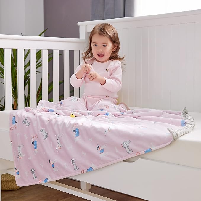DaysU Silky Micro Soft Plush Baby Blankets for Girls with Print Animal Pattern and Soothing Raised Dots, Double Layer Bed Throws for Toddler Cot, Puppy, Pink, 50x60 Inches