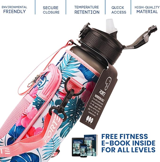 FORTE Plastic Water Bottle with Sleeve - BPA-Free Water Jug with Leak Proof Lid and Straw - Perfect for Gym, Office, and Everyday Use (Floral)