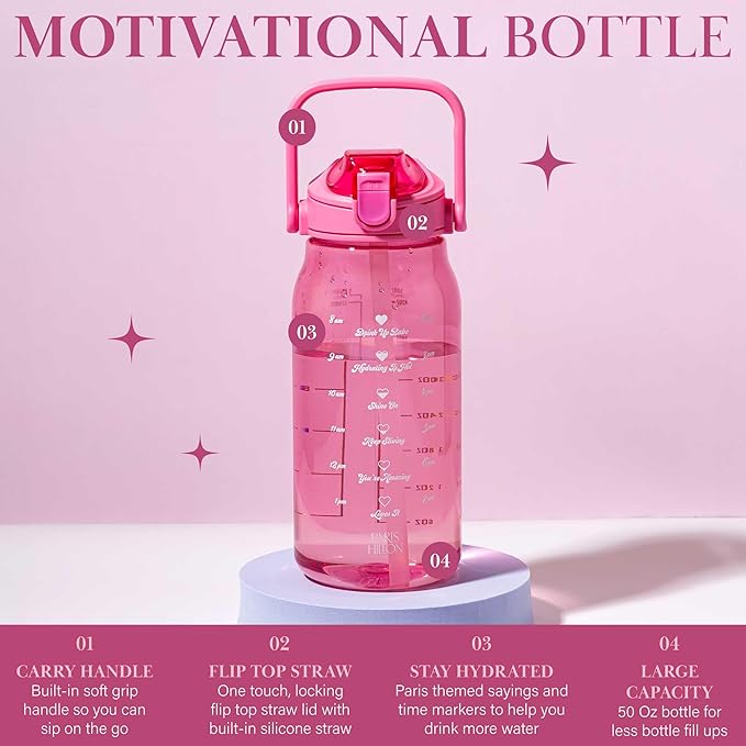 Paris Hilton Motivational Water Bottle with Straw and Leak-proof Flip-Top Lid, Motivational Time Markers, Carry Handle for Travel, Made without BPA, 50-Ounce, Pink