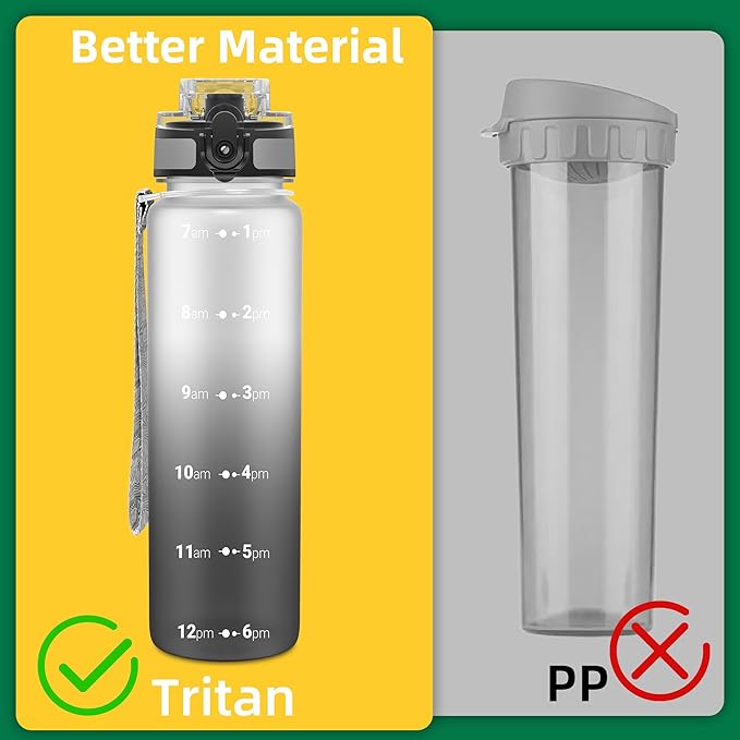 OLDLEY 32 oz Water Bottle, Motivational Water Bottle with Time Marker, Sports Water Bottle With Strap, Leakproof & BPA Free Large Water Bottles for School, Gym, Travel, Outdoor, Tritan,White&Black