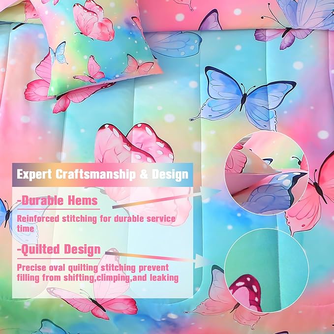 JQinHome 8 Pc Butterfly Comforter Set Full, 3D Rainbow Butterfly Bedding Set for Girls Women,All Season Microfiber Butterfly Design Bedding Collection with Pillowcase, Flat & Fitted Sheet(Rainbow)
