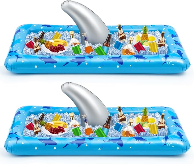 Deekin 2 Pieces Shark Party Buffet Cooler Inflatable Serving Bar Inflatable Cooler Cold Food Buffet Server Serving Tray Food Drink Holder Salad Ice Tray for Shark Theme Party Picnic Barbecue, 53 x 28
