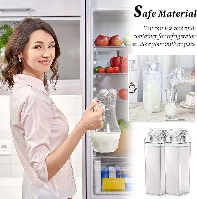 Remerry 9 Pcs 34oz Clear Milk Carton Water Bottle Plastic Clear Milk Carton Cup Square Plastic Cute Milk Carton Container Portable Reusable Milk Bottles Leakproof Juice Bottle for Sports Camping